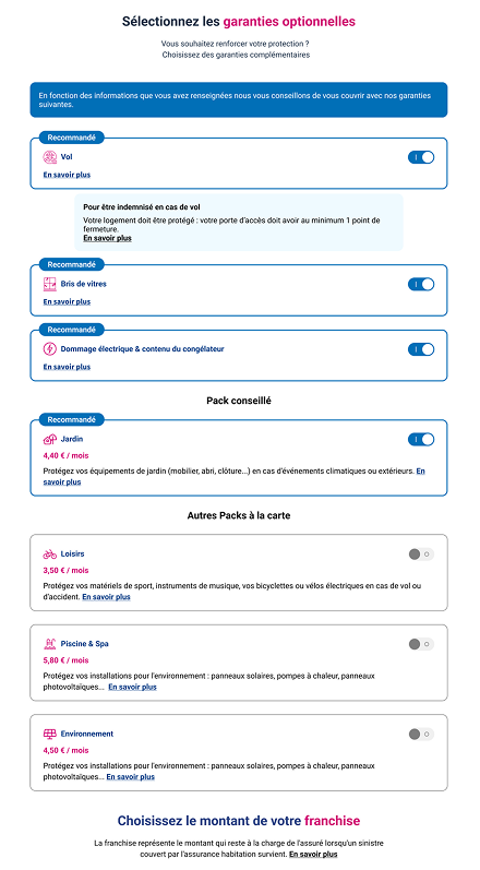 Écran de sélection des garanties et packs